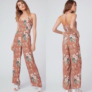 PAIGE Portland Halter Smocked Back Jumpsuit Mocha Bisque Multi Floral Size 8